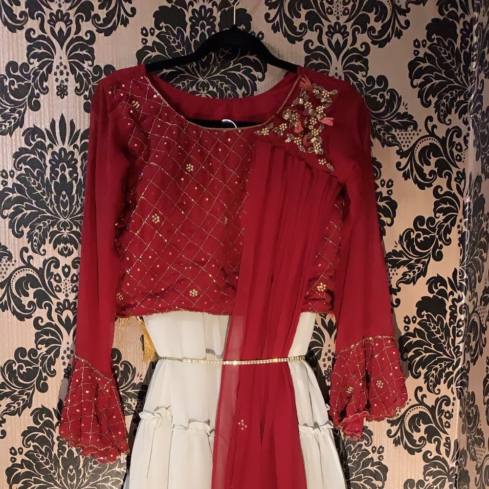 Brand new part wear lehenga, blouse with attached chunni and skirt.